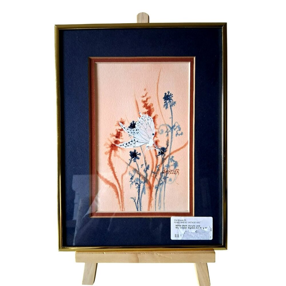 Vintage White Moth Acrylic & Ink Painting Artwork By Jan Metzler In Gold Frame